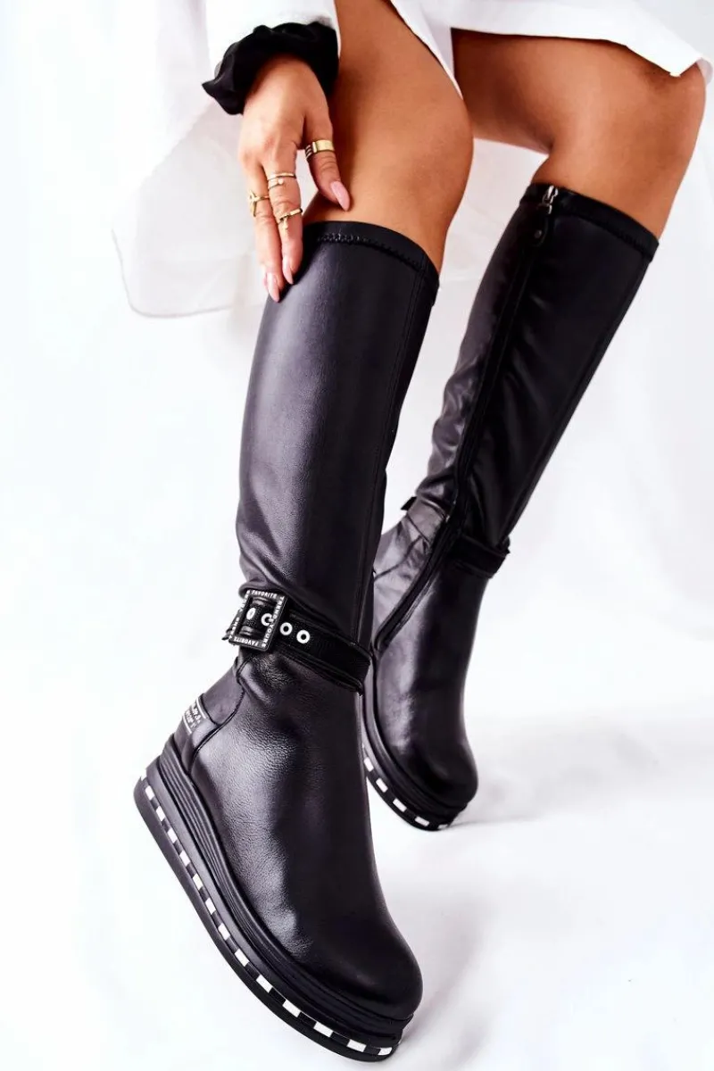 Skórzane Kozaki Na Platformie Czarne 05293-01 Damskie Kozaki Ocieplane|Kozaki Płaskie
