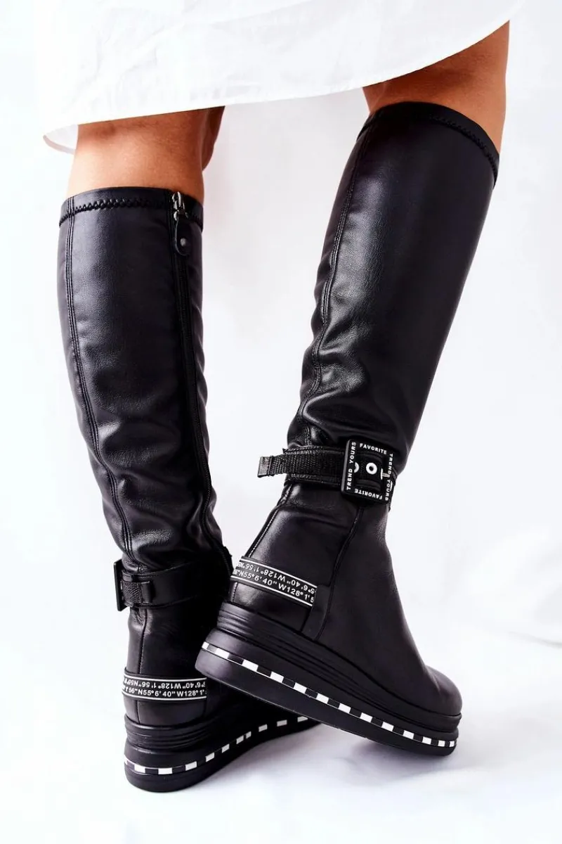 Skórzane Kozaki Na Platformie Czarne 05293-01 Damskie Kozaki Ocieplane|Kozaki Płaskie