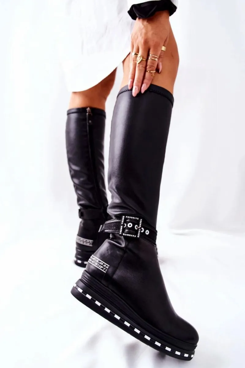 Skórzane Kozaki Na Platformie Czarne 05293-01 Damskie Kozaki Ocieplane|Kozaki Płaskie