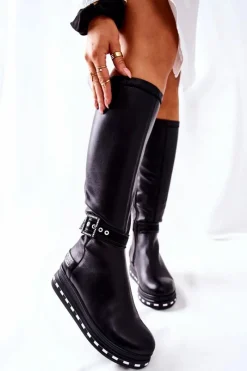 Skórzane Kozaki Na Platformie Czarne 05293-01 Damskie Kozaki Ocieplane|Kozaki Płaskie