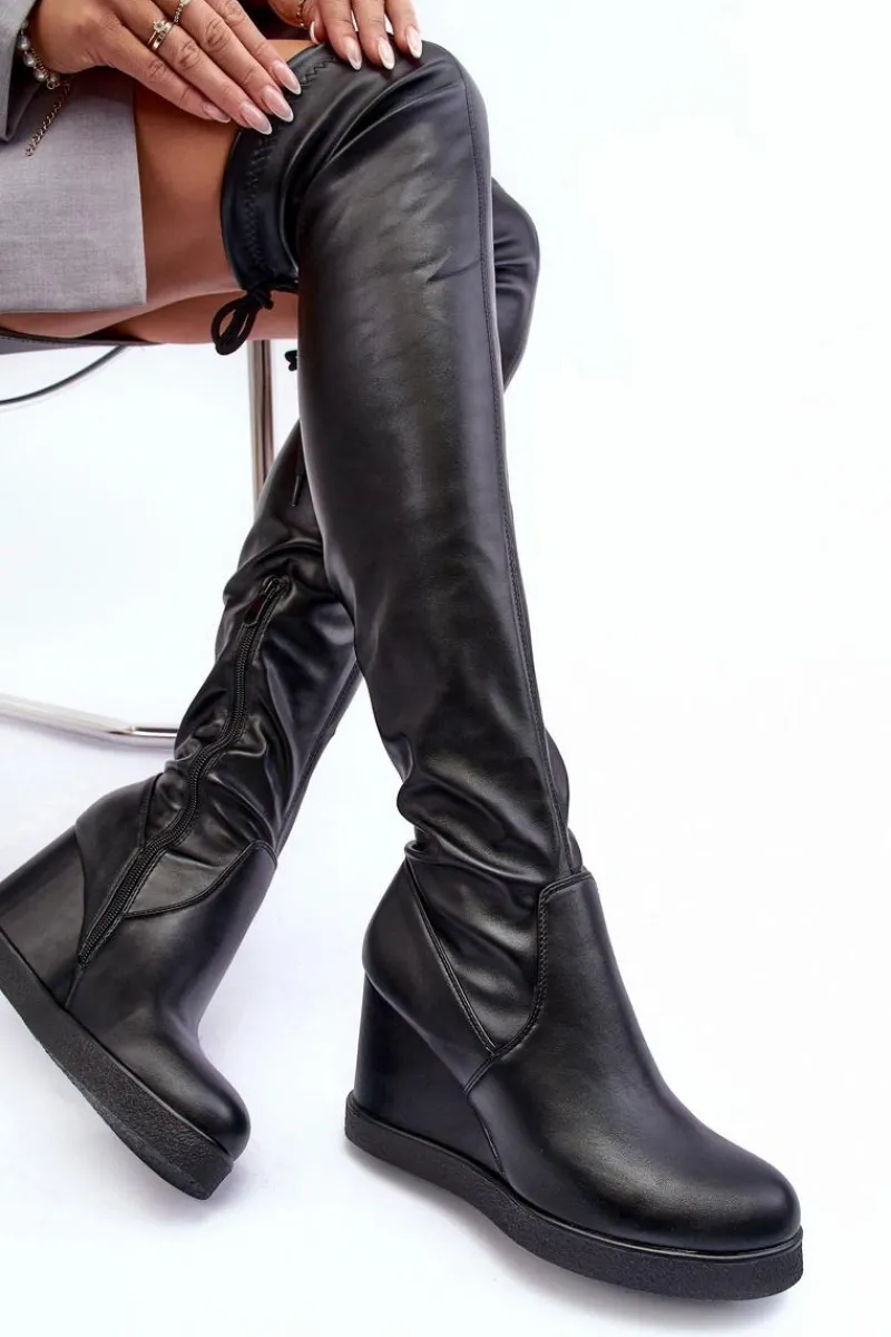 Muszkieterki|Kozaki Na Koturnie>Boto Skórzane Kozaki Muszkieterki Na Koturnie Czarne Ambre