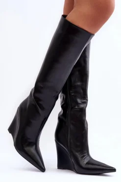Best Boto Skórzane Kozaki Na Koturnie Czarne Delinn