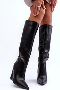 Best Boto Skórzane Kozaki Na Koturnie Czarne Delinn