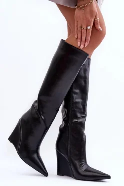 Best Boto Skórzane Kozaki Na Koturnie Czarne Delinn