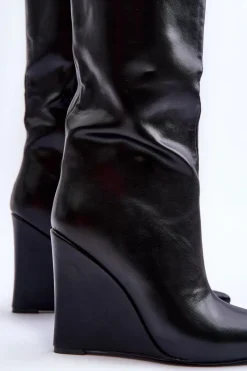 Best Boto Skórzane Kozaki Na Koturnie Czarne Delinn