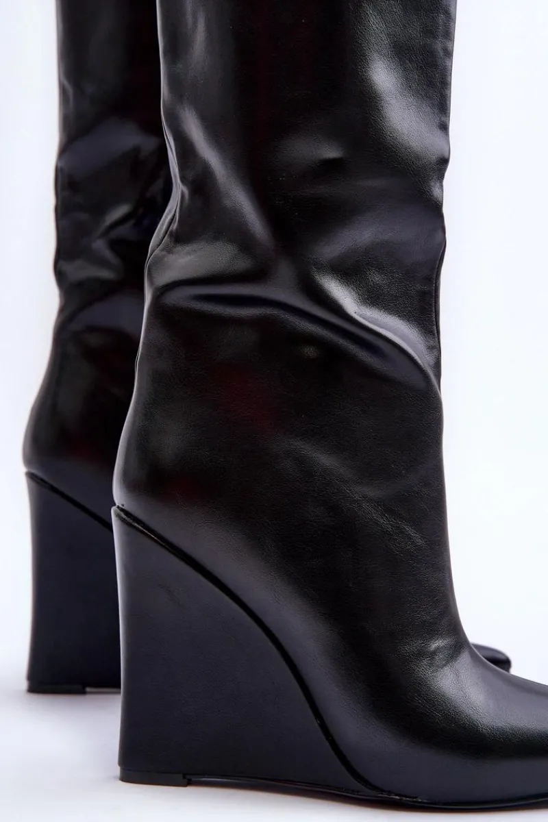 Best Boto Skórzane Kozaki Na Koturnie Czarne Delinn