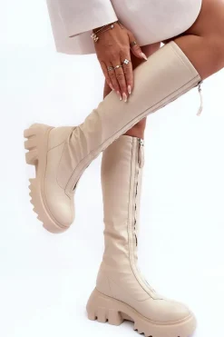 Sale Skórzane Kozaki Na Masywnej Platformie Z Suwakiem Beżowe Ringo Damskie Kozaki Płaskie|Kozaki Przed Kolano