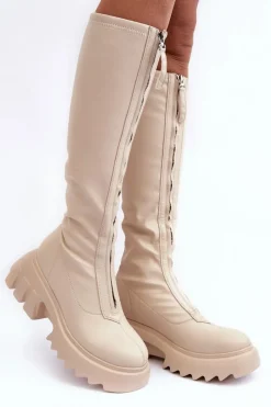 Sale Skórzane Kozaki Na Masywnej Platformie Z Suwakiem Beżowe Ringo Damskie Kozaki Płaskie|Kozaki Przed Kolano