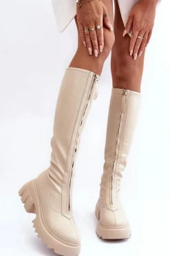 Sale Skórzane Kozaki Na Masywnej Platformie Z Suwakiem Beżowe Ringo Damskie Kozaki Płaskie|Kozaki Przed Kolano