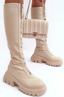 Sale Skórzane Kozaki Na Masywnej Platformie Z Suwakiem Beżowe Ringo Damskie Kozaki Płaskie|Kozaki Przed Kolano