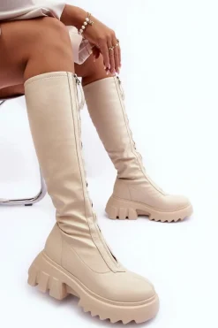 Sale Skórzane Kozaki Na Masywnej Platformie Z Suwakiem Beżowe Ringo Damskie Kozaki Płaskie|Kozaki Przed Kolano