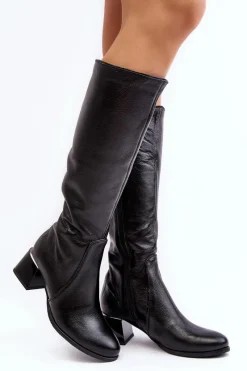 Skórzane Kozaki Na Niskim Obcasie Przed Kolano Czarne Cersaina Damskie Kozaki Na Obcasie|Kozaki Zamszowe