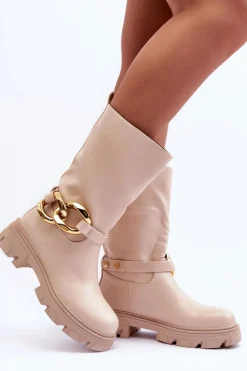 Outlet Boto Skórzane Kozaki Na Płaskim Obcasie Beżowe Diominna