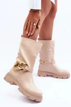 Outlet Boto Skórzane Kozaki Na Płaskim Obcasie Beżowe Diominna