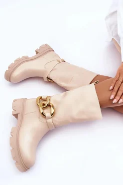 Outlet Boto Skórzane Kozaki Na Płaskim Obcasie Beżowe Diominna