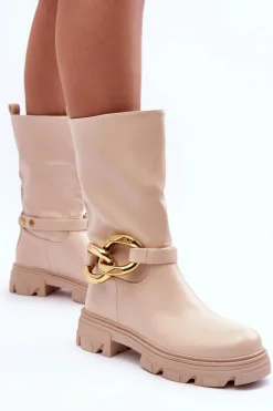 Outlet Boto Skórzane Kozaki Na Płaskim Obcasie Beżowe Diominna