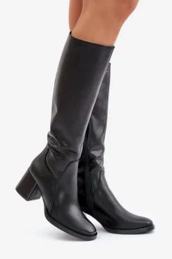 Best Skórzane Kozaki Na Słupku Przed Kolano Ocieplane Sergio Leone KZ231-S Czarne Damskie Kozaki Przed Kolano|Kozaki Na Obcasie
