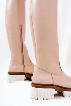 Outlet Boto Skórzane Kozaki Na Suwak Beżowe Nellis