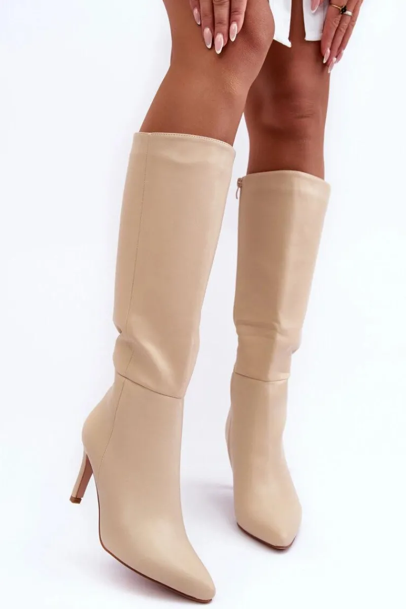 Best Skórzane Kozaki Na Szpilce Przed Kolano Beżowe Serpens Damskie Kozaki Wiosenne|Kozaki Przed Kolano