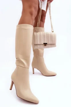 Best Skórzane Kozaki Na Szpilce Przed Kolano Beżowe Serpens Damskie Kozaki Wiosenne|Kozaki Przed Kolano