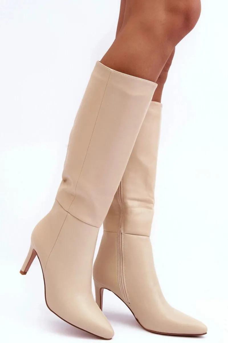 Best Skórzane Kozaki Na Szpilce Przed Kolano Beżowe Serpens Damskie Kozaki Wiosenne|Kozaki Przed Kolano