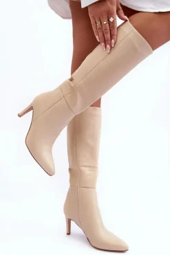 Best Skórzane Kozaki Na Szpilce Przed Kolano Beżowe Serpens Damskie Kozaki Wiosenne|Kozaki Przed Kolano