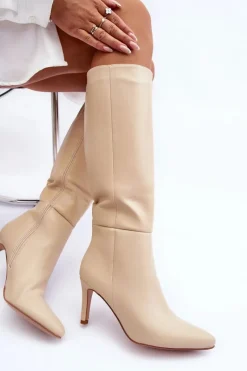 Best Skórzane Kozaki Na Szpilce Przed Kolano Beżowe Serpens Damskie Kozaki Wiosenne|Kozaki Przed Kolano