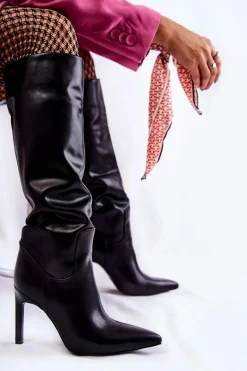 Sale Boto Skórzane Kozaki Na Szpilce Czarne Rissa