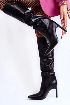 Sale Boto Skórzane Kozaki Na Szpilce Czarne Rissa