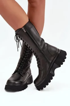 Artiker Skórzane Kozaki Ocieplane Na Platformie 57C2282 Czarne