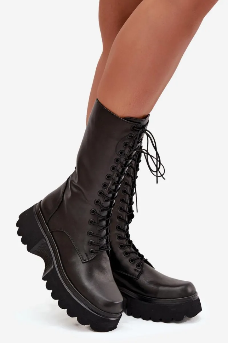 Artiker Skórzane Kozaki Ocieplane Na Platformie 57C2282 Czarne