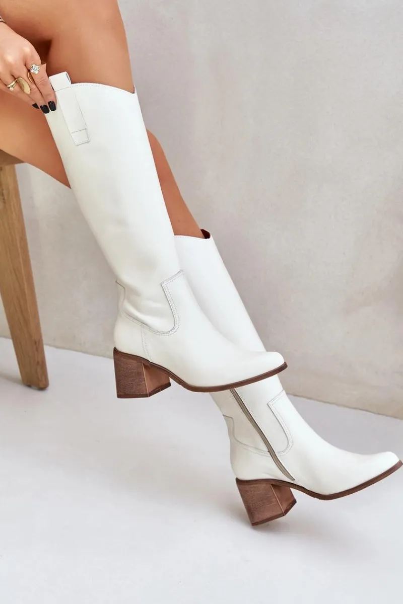 Kozaki Na Słupku|Kozaki Na Obcasie>Boto Skórzane Kozaki Przed Kolano Na Słupku Zazoo 3675 Białe