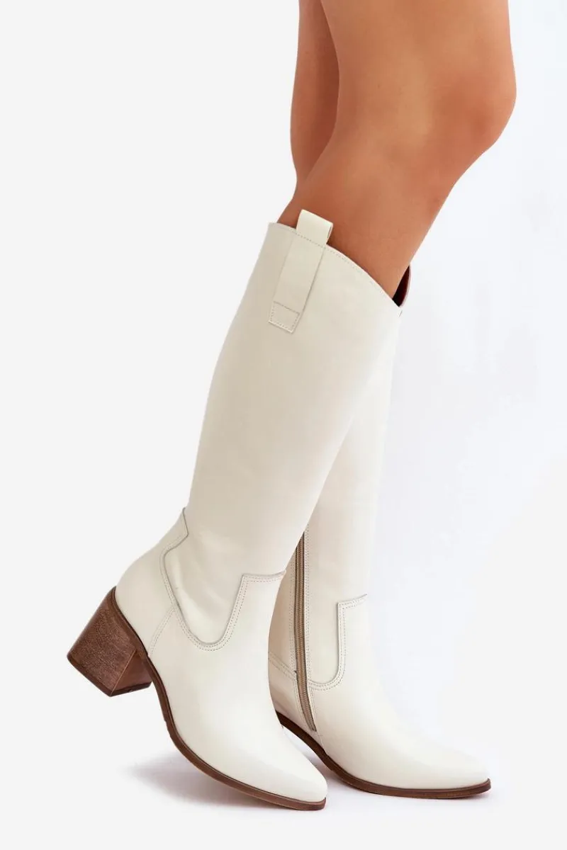 Kozaki Na Słupku|Kozaki Na Obcasie>Boto Skórzane Kozaki Przed Kolano Na Słupku Zazoo 3675 Białe