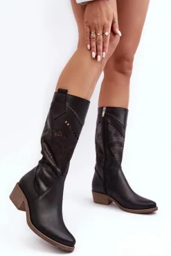 Skórzane Kozaki Z Ażurowym Wzorem Czarne Sierra Damskie Kozaki Na Słupku|Kozaki Wiosenne