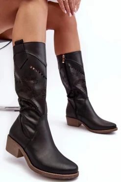 Skórzane Kozaki Z Ażurowym Wzorem Czarne Sierra Damskie Kozaki Na Słupku|Kozaki Wiosenne