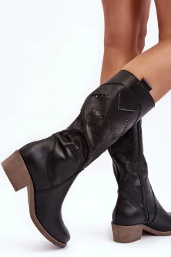 Skórzane Kozaki Z Ażurowym Wzorem Czarne Sierra Damskie Kozaki Na Słupku|Kozaki Wiosenne