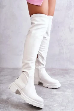 Kozaki Za Kolano|Kozaki Płaskie>GOE Skórzane Kozaki Za Kolano Na Płaskim Obcasie KK2N4022 Białe