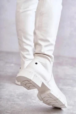 Kozaki Za Kolano|Kozaki Płaskie></noscript>GOE Skórzane Kozaki Za Kolano Na Płaskim Obcasie KK2N4022 Białe