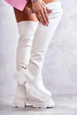 Kozaki Za Kolano|Kozaki Płaskie></noscript>GOE Skórzane Kozaki Za Kolano Na Płaskim Obcasie KK2N4022 Białe