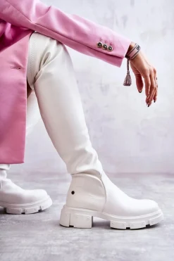 Kozaki Za Kolano|Kozaki Płaskie></noscript>GOE Skórzane Kozaki Za Kolano Na Płaskim Obcasie KK2N4022 Białe