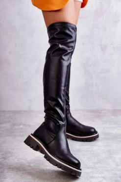 New Skórzane Kozaki Za Kolano KK2N4024 Czarne Damskie Kozaki Za Kolano|Kozaki Płaskie