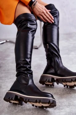 New Skórzane Kozaki Za Kolano KK2N4024 Czarne Damskie Kozaki Za Kolano|Kozaki Płaskie