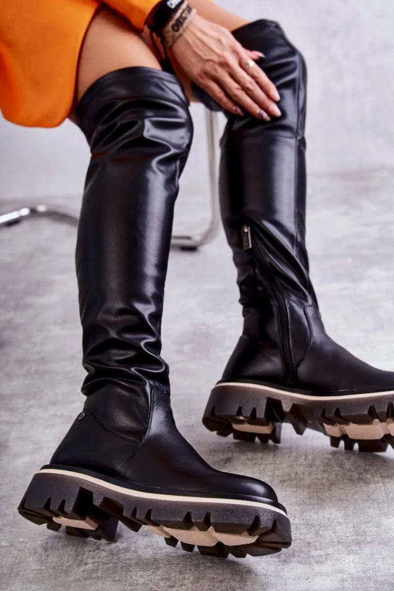 New Skórzane Kozaki Za Kolano KK2N4024 Czarne Damskie Kozaki Za Kolano|Kozaki Płaskie