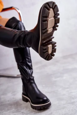 New Skórzane Kozaki Za Kolano KK2N4024 Czarne Damskie Kozaki Za Kolano|Kozaki Płaskie