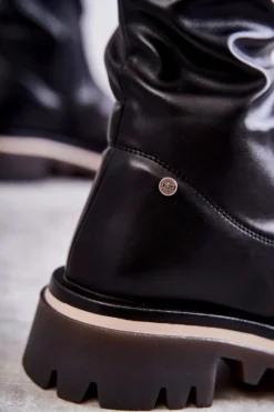 New Skórzane Kozaki Za Kolano KK2N4024 Czarne Damskie Kozaki Za Kolano|Kozaki Płaskie