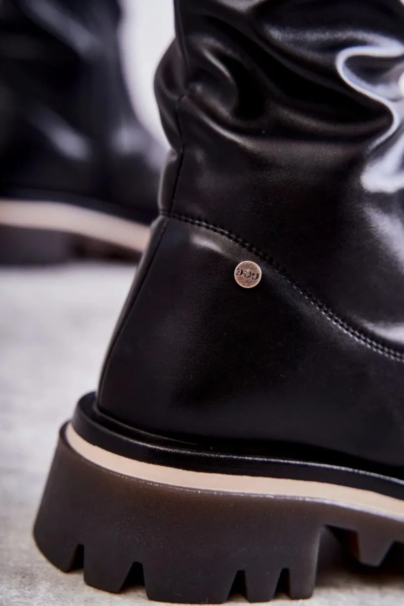 New Skórzane Kozaki Za Kolano KK2N4024 Czarne Damskie Kozaki Za Kolano|Kozaki Płaskie