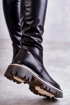 New Skórzane Kozaki Za Kolano KK2N4024 Czarne Damskie Kozaki Za Kolano|Kozaki Płaskie