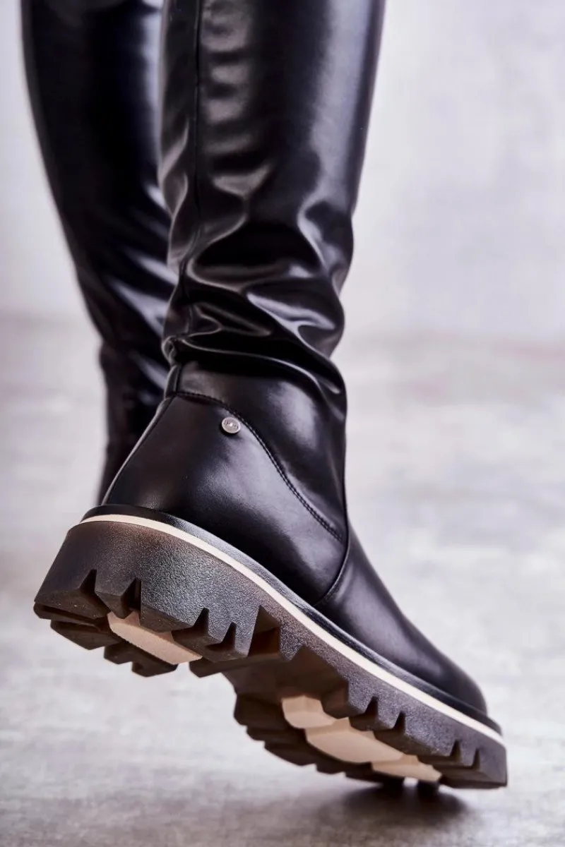 New Skórzane Kozaki Za Kolano KK2N4024 Czarne Damskie Kozaki Za Kolano|Kozaki Płaskie