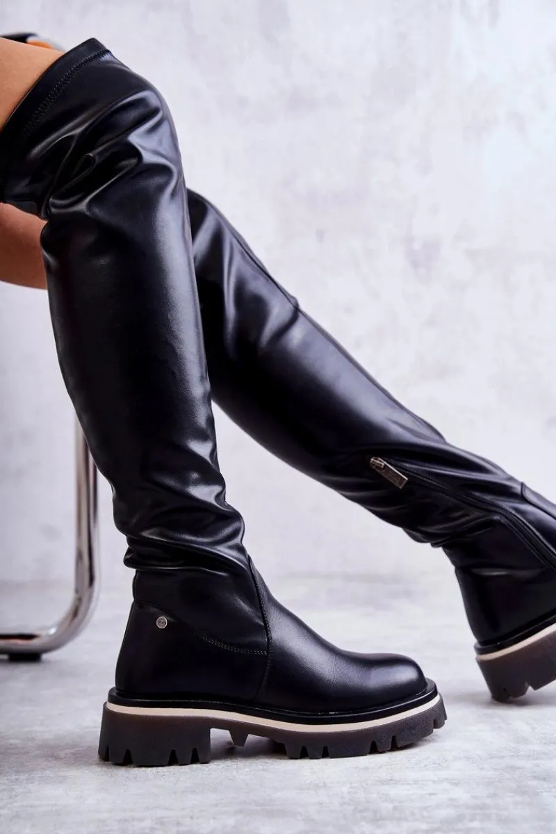 New Skórzane Kozaki Za Kolano KK2N4024 Czarne Damskie Kozaki Za Kolano|Kozaki Płaskie