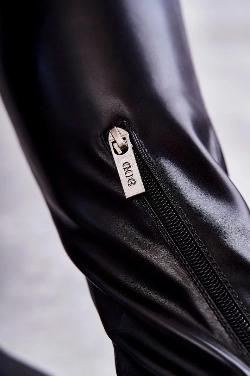 New Skórzane Kozaki Za Kolano KK2N4024 Czarne Damskie Kozaki Za Kolano|Kozaki Płaskie